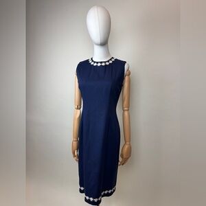 Vintage Navy Blue Linen Shift Dress With Floral Trim